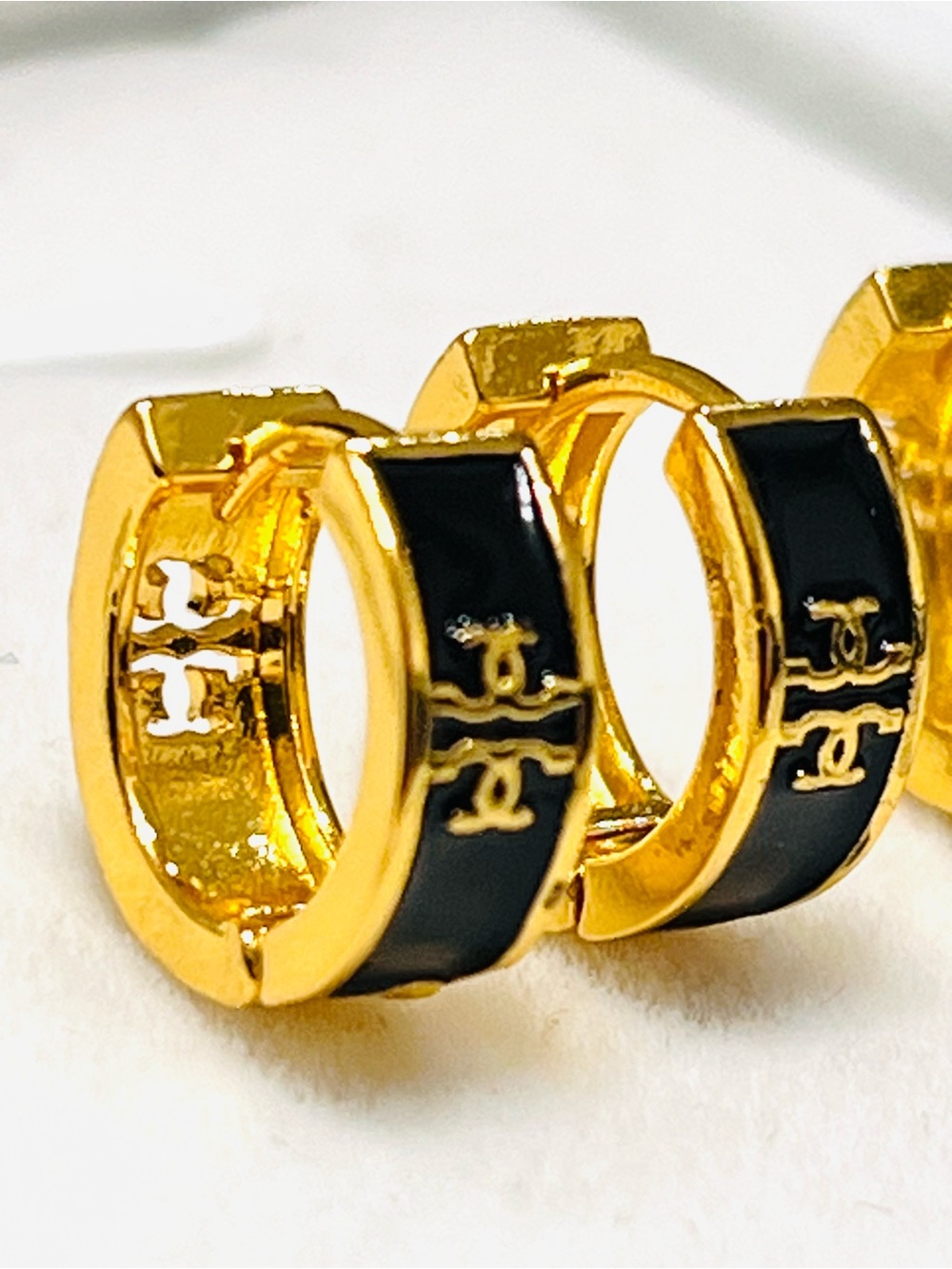 “Tory Burch” Black Enamel and Gold Logo Huggie Hoop Earrings